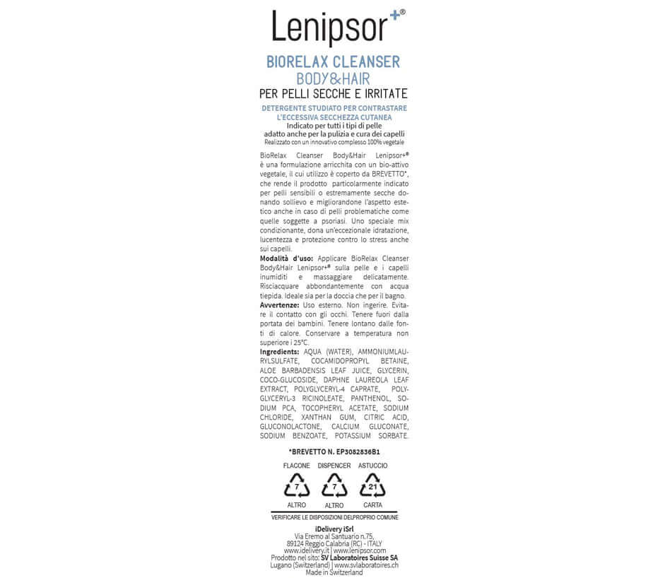 BioRelax Cleanser Body&Hair Lenipsor+® 250 ml - etichetta ingredienti