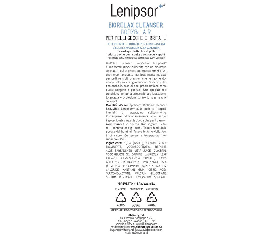 BioRelax Cleanser Body&Hair Lenipsor+® 250 ml - etichetta ingredienti