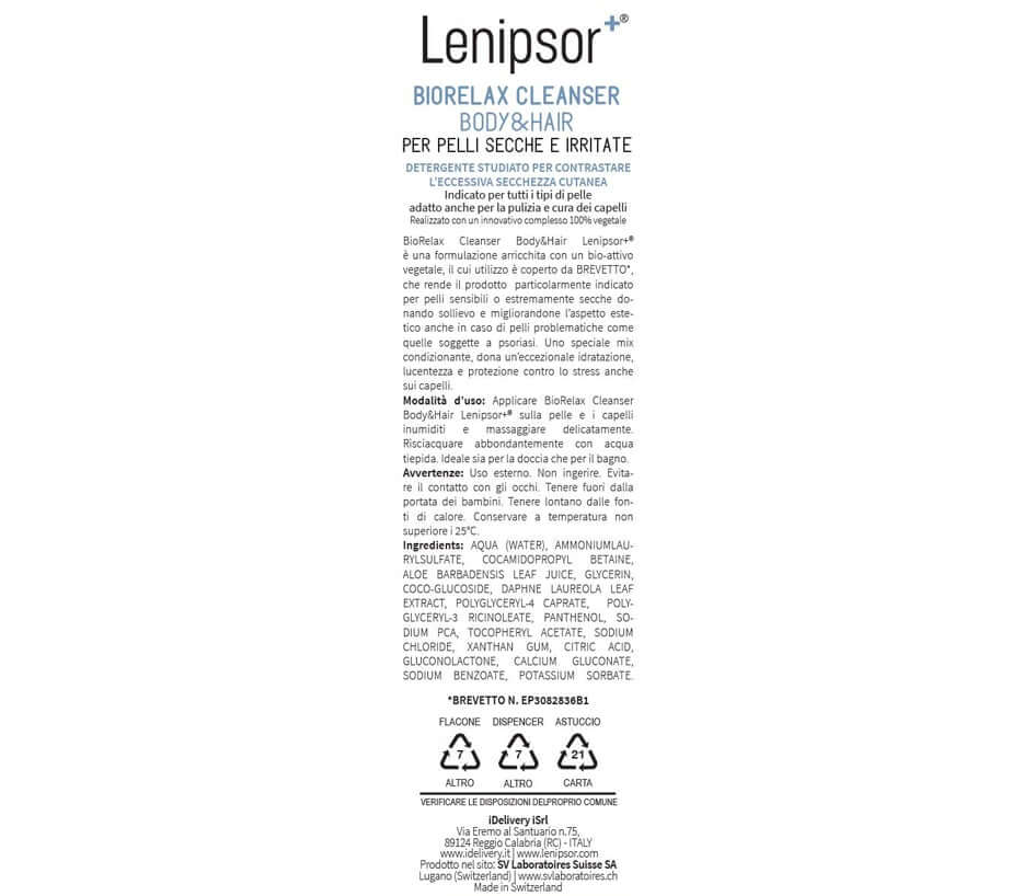 BioRelax Cleanser Body&Hair Lenipsor+® 250 ml - etichetta ingredienti