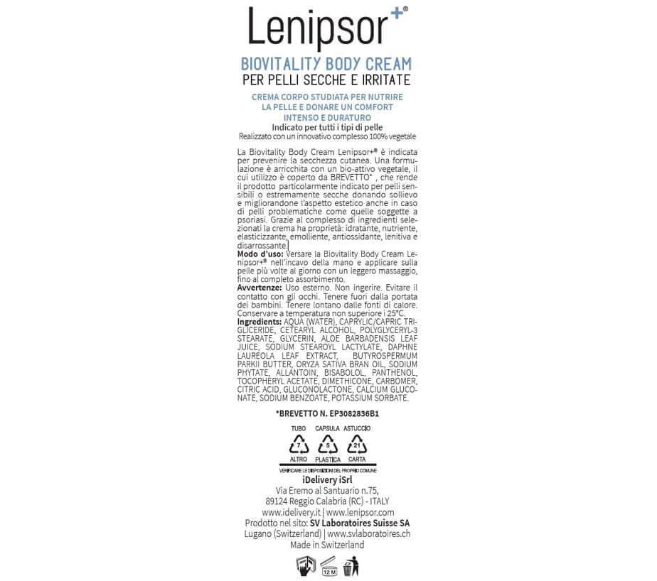 BioVitality Body Cream Lenipsor+® 200 ml - etichetta ingredienti