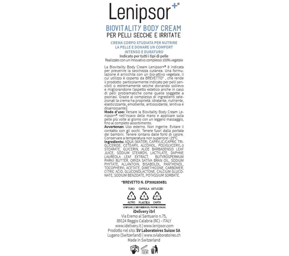 BioVitality Body Cream Lenipsor+® 200 ml - etichetta ingredienti